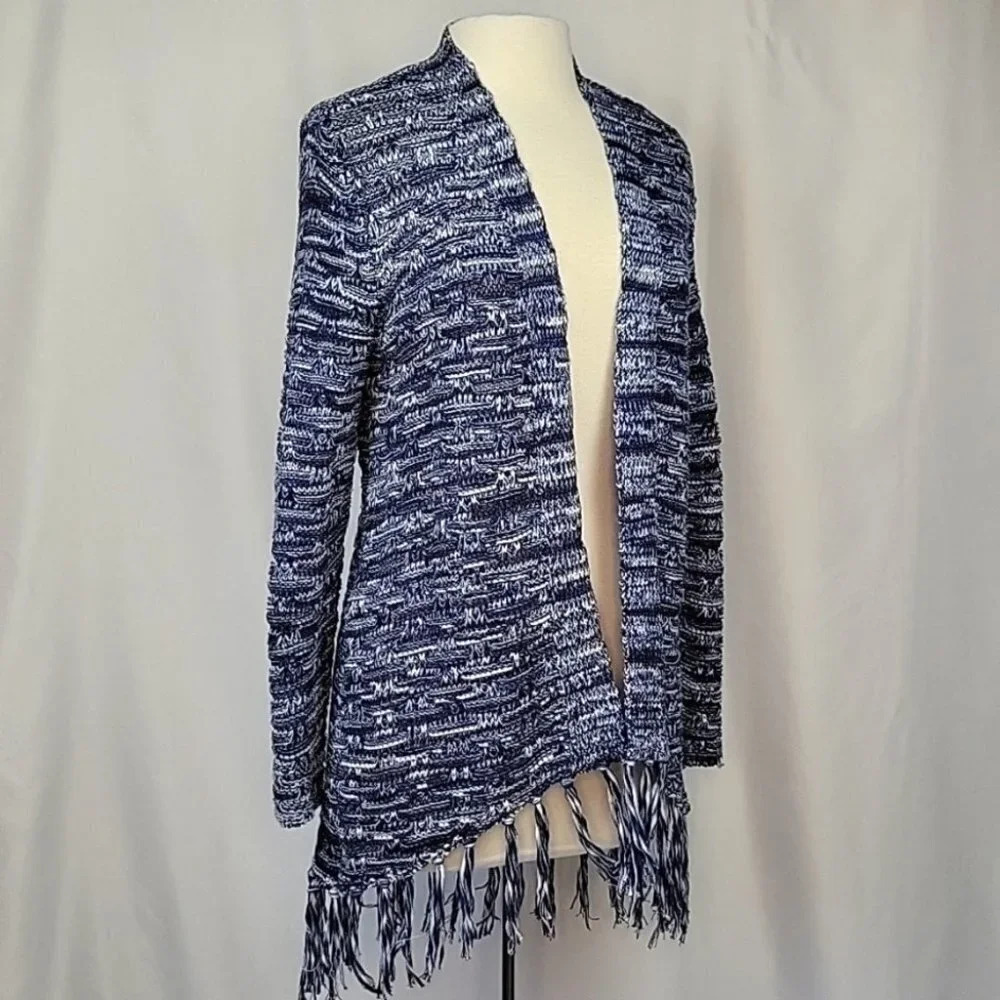 Chico's Aniston Fringed Open Cardigan Blue Verigated Size 1